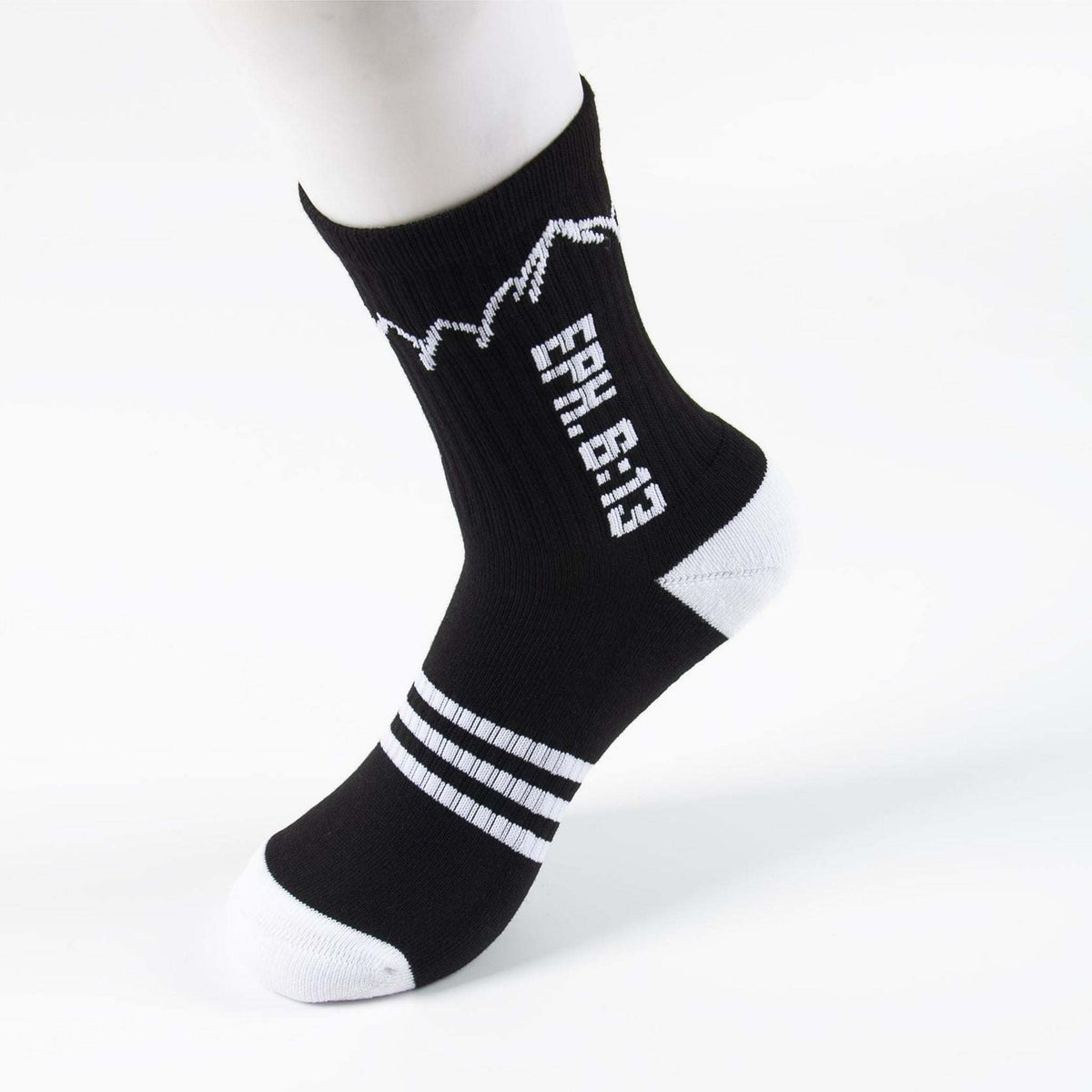 Black athletic crew socks with faith and sports inspiration