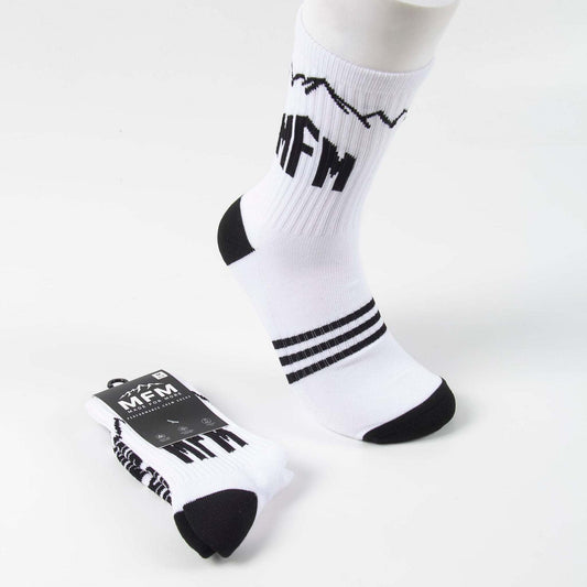 White athletic socks with mountain design inspired by Psalm 62:6 showing strength and stability